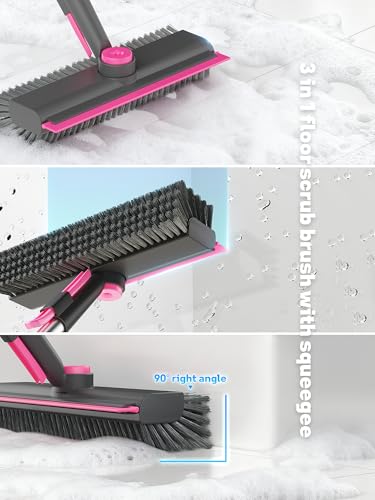 3 in 1 Floor Scrub Brush with Long Handle, Deck Brush with Squeegee - color: Pink and Grey