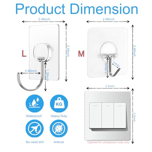 JINSHUNFA Adhesive Wall Hooks 13LB Heavy Duty No Drill Large Transparent Waterproof Hooks for Bathroom Kitchen Towel Coat 24 Pack - color: Clear, size: Large 24 Pcs