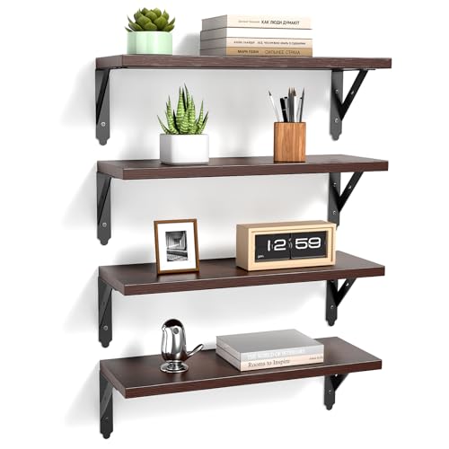 ROMGUAR CRAFT Wood Wall Floating Shelves Set of 4, 17" x 6" - Brown - color: Brown, size: 17" x 6"