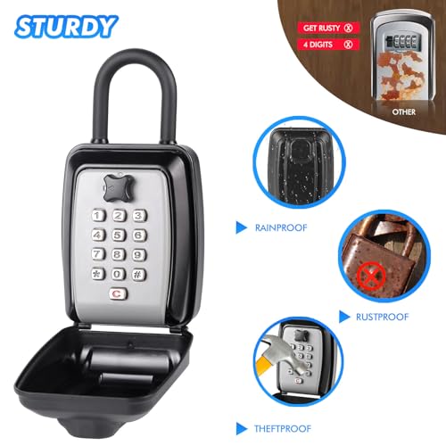 Key Lock Box, Large Capacity Key Storage Box with Hanging Ring, 12-Digit Keyboard Combination, Resettable Code, Waterproof Security Lock Box for Home, Office, Outdoor - style: with Hang Ring