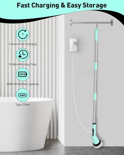 Electric Spin Scrubber for Bathroom, Shower Scrubber with Long Handle - color: Mint Green, size: 8 Brush Heads