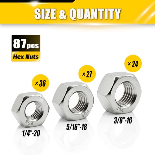 87Pcs SAE Hex Nuts Set 1/4-20 5/16-18 3/8-16 304 Stainless - size: SAE 3Size Set1;87pcs