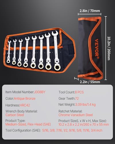 VEVOR Flex-Head Ratcheting Wrench Set, Nickel Plating, 8-piece Flexible Ratcheting Combination Wrench Set with Roll-up Pouch, CR-V, 72 Teeth, SAE 5/16-3/4" - size: 8PCS (SAE), style: Flex-head