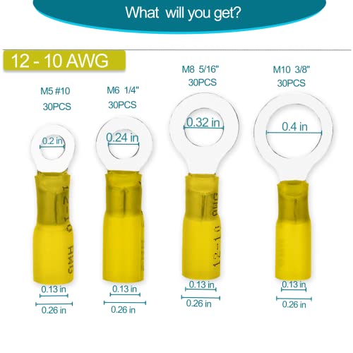 120 PCS Heat Shrink Wire Connectors,12-10 awg Ring Terminals Kit - color: 12-10 AWG