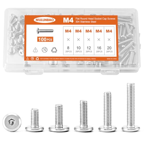 M4 x 8mm 10mm 12mm 16mm 20mm Flat Round Head Hex Socket Cap Screws Bolts, Furniture Screws, 304 Stainless Steel, Allen Hex Drive, Bright Finish, Metric Fully Threaded, Assortment Kit 100PCS - size: M4 x 8/10/12/16/20mm (100PCS)