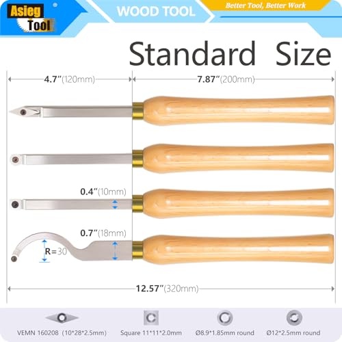 4pcs Mini Carbide Tipped Wood Lathe Turning tools Combo set Rougher Detailer Finisher Hollower with Wood Handle and Diamond Round Square Carbide Inserts