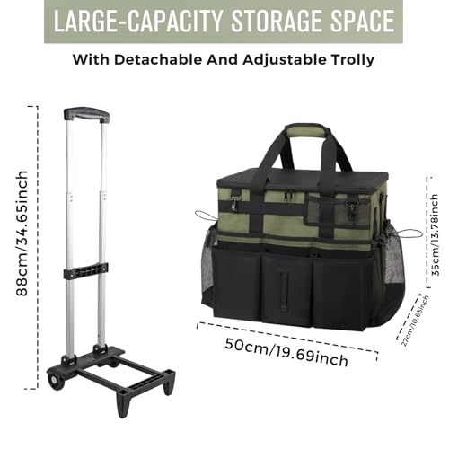 Rolling Cleaning Caddy Bag with Detachable Trolley, Large Cleaning Supplies Organizer with Wheels, Multi-Pocket Cleaning Cart with Adjustable Shoulder Strap for Housekeepers & Home Use, Armygreen - color: Armygreen
