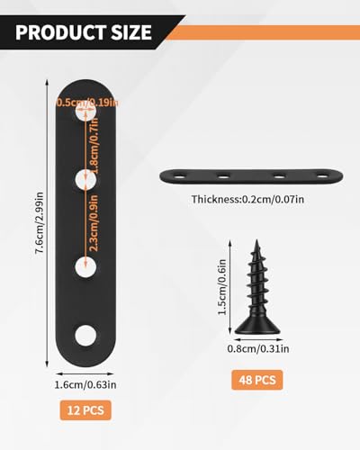 12 PCS 2.99'' x 0.63'' Stainless Straight Flat Brackets, Black Flat Metal Brace Bracket, Support Flat Metal Brace for Wood Furniture, Mending Plate Connector Joining Bracket for Fence,48 Screws - size: 3 x 0.63 in