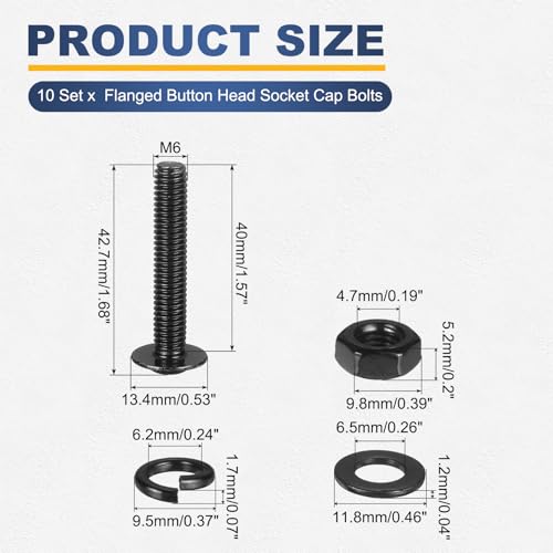M METERXITY 10 Set M6 x 40mm Flanged Button Head Socket Cap Screws, Black 304 Stainless Steel 18-8 Hex Socket Head Screws Bolts, Nuts, Flat & Lock Washers for DIY, Furniture, Automotive - size: M6 x 40mm