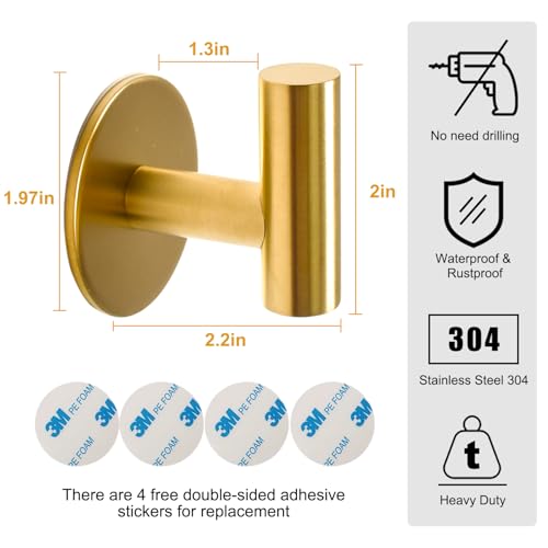 Vuzvuv Brushed Gold Self Adhesive Stainless Steel Towel Hooks (4-Pack) | SUS304, Self-Adhesive, Heavy Duty, Waterproof, Coat Robe Wall Hook for Bathrooms Kitchen Hotel - color: Gold-4 Pcs