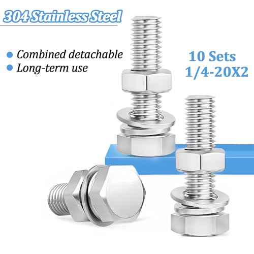 10 Sets 1/4-20 x 2 Stainless Steel Hex Head Screws Bolts, Flat, Nuts & Lock Washers,Hex Bolts 18-8(304) Full Thread - color: Silver, size: 1/4-20 x 2"（10 Sets）