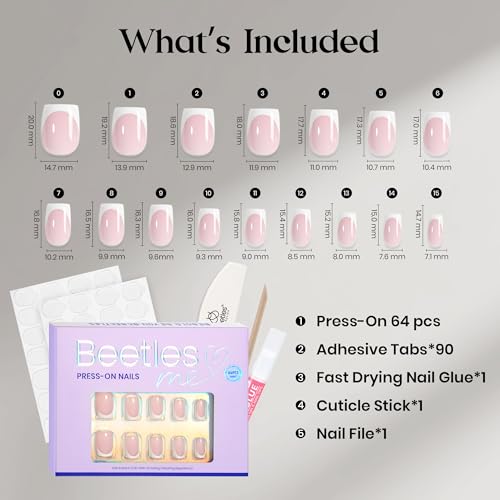 Beetles Pink French Tip Press on Nails - Short Square, 64 PCS 16 Sizes - color: 1C - French in Pink Base - S