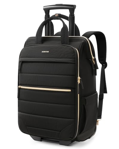 Rolling Puffer Backpack for Women, Travel Backpack with Wheels, 16 Inch Wheeled Laptop Backpck, Dual-Opening Design Overnight College Underseat Carry on Luggage, Roller Business Work Bag, Black - color: Black