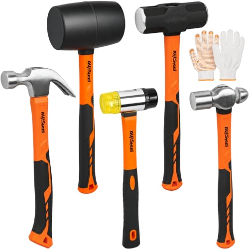 AV Steel 5-Pack Mallet Hammer Set - 32oz Rubber Mallet, 33mm Double-Faced Mallet, 16oz Claw Hammer, 16oz Ball Peen Hammer & 3lb Sledge and Gloves for DIY and Home Repair