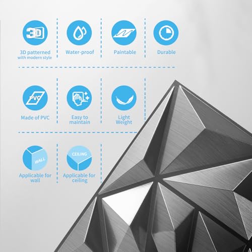Art3d 33-Pack Modern Diamond Textured 3D Wall Panels, 12 x 12 in, Silver - color: ‎Silver, size: 12x12 Inch 33 pcs