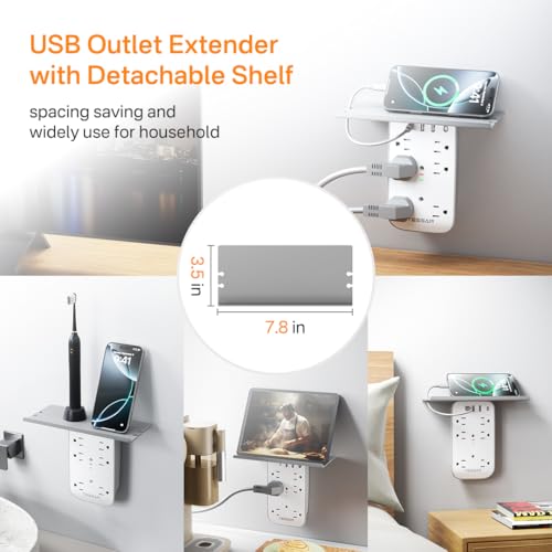 TESSAN Wall Outlet Extender with Shelf and Dimmable Night Light,