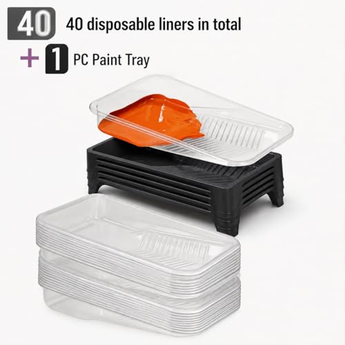 12 Inch Paint Tray Liner Kit with 40 Disposable Paint Tray Liner Refills, Roller Frame Handle, Heavy Painted Tray for Wall, Furniture, Ceiling and Home Interior Painting Supplies