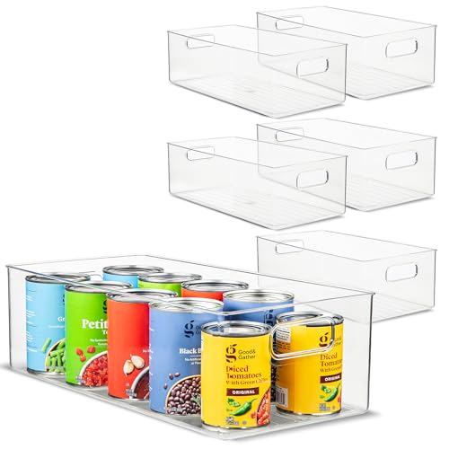 Plastic Food Storage 6 Pack Clear Container Bin with Handles for Organizing Kitchen, Pantry, Refrigerator, Freezer, Pantry, Cabinet, Closet, Bathroom. 16”x8”x5” - size: 16x8x5