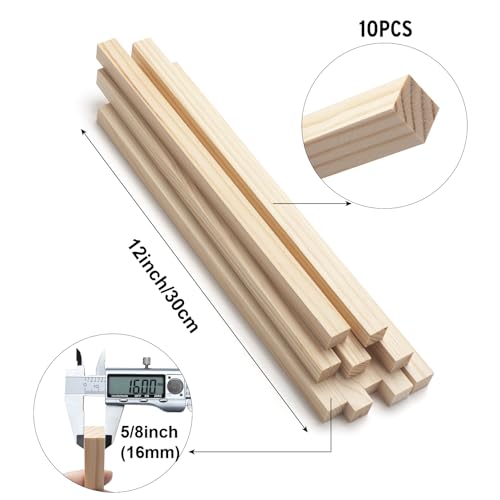 Square Wooden Dowel Rods, 10 PCS 5/8" x 12" Square Wood Dowel Rods Wooden Sticks for Crafts, Unfinished Hardwood Sticks Wood Strips for Woodworking, Crafting, Arts and DIYers, Home Decor, Model Making - size: 5/8"×12"-10PCS