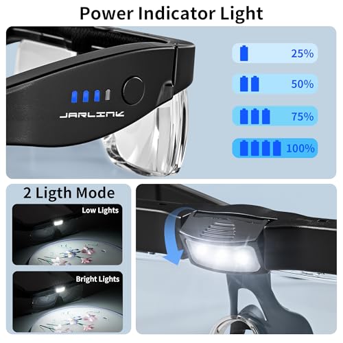 JARLINK Magnifying Glass with Light, 5 Lenses, Rechargeable Headset - color: Black
