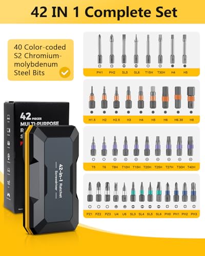 ORIA 42 in 1 Screwdriver Set, Magnetic Screwdriver Set, DIY Repair Tool Kit with Free Assembly T Handle, 40 Precision Bits, Portable Case for Furniture, Bicycle, Computer - color: Yellow