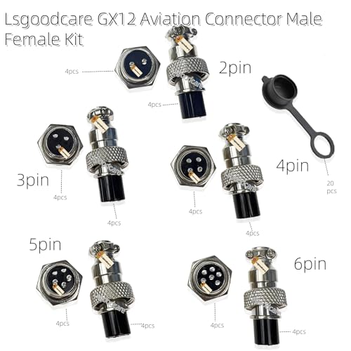 Lsgoodcare 60Pcs 2Pin 3Pin 4Pin 5Pin 6Pin 12mm GX12 Thread Male Female Panel Metal Aviation Wire Connector Plug Assortment Kit with Aviation Caps