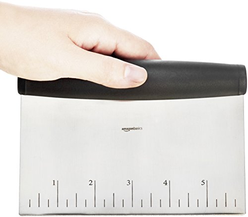 Amazon Basics Multi-Purpose Bench Scraper, Stainless Steel Dough Cutter with Measurement Marks, Dishwasher Safe, Non-slip Contoured Grip, 6", Black, Silver
