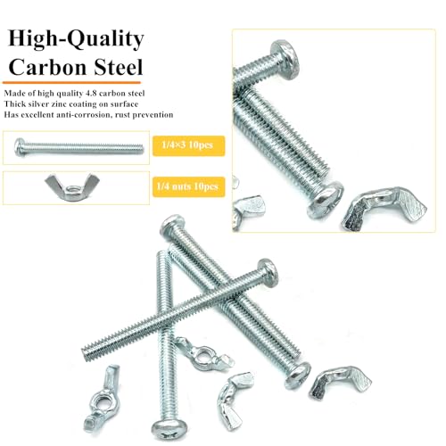 20Pack 1/4"-20 x3 Screw Bolts and Wing Nut Kit 10pcs Machine Screws with Round Head Phillips 10pcs Butterfly Hand Twist Tighten Nut Zinc Plated Hardware Fitting Fastenings Assortment Kit - size: Silver 20 Pack 1/4"-20 x3"