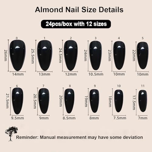 LPOODDNU Almond Press on Nails - Medium Black Fake Nails with Marble Designs, Glossy Finished Reusable False Nails with Double Adhesive Glue Tabs - 24Pcs Nail Kit for Women Manicure - color: black marble