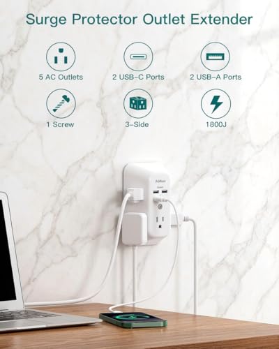 Addtam 5-Outlet Extender Surge Protector, Multi Plug Wall Outlet with 4 USB Wall Charger(PD 20W), Outlet Splitter Power Strip for Home Office Dorm Room Essentials, Plug Extension Outlet 1800J - size: 2c2a Pd 20w
