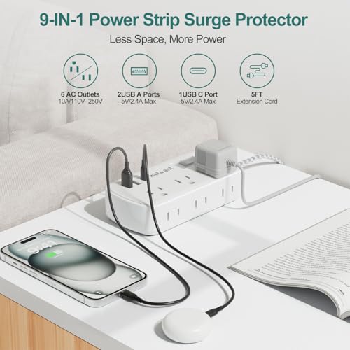 Small Power Strip 5 FT - Flat Plug Outlet Extender, 9-in-1 Surge Protector with 6 AC Outlets 3 USB (USB-C), 5ft Braided Extension Cord, Wall Mountable for Home Office Living Room TV Stand Bedside Desk - size: 5 FT