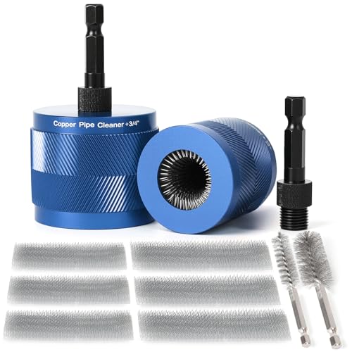 1/2" & 3/4" Copper Pipe Cleaner Set for Drill, with 1/4" Hex Shank & 6 Brush Blades & 2 Pipe Cleaning Brush, Plumbing Tools for Removing Rust, Stains & Paint from Copper & Metal Pipes, Blue - color: Blue