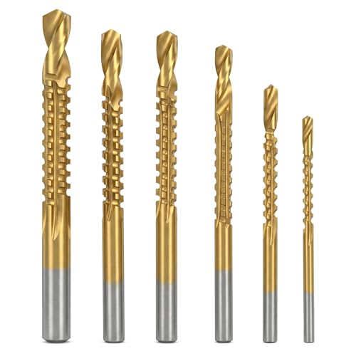 JJUNW 6 Pack Titanium Coated HSS Twist Drill Bits, 3-8mm Serrated Side Cutting Drill Bit, Hex Shank Serrated Cutting Drill Bits, Woodworking Tools for Wood Metal Plastic Hole
