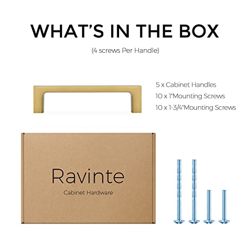 Ravinte Brushed Brass Solid Pulls Cabinet Handles 3-3/4 Inch 5 Pack - size: 3-3/4 Inch Hole Center