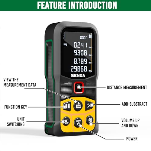 SENDA Laser Measure, 197Ft Digital Laser Measurement Tool with LCD Backlit Display, 1/16in Accuracy, in/Ft/Ft+in/M, 20 Sets Data Storage, Laser Distance Meter, Pythagorean Mode Distance/Area/Volume