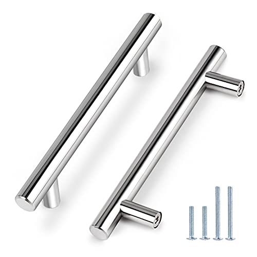 Probrico 5 Pack | 5 Inch Polished Chrome Cabinet Pulls Stainless Steel Kitchen Cabinet Handles, Round T Bar Cupboard Furniture Hardware, Drawer Dresser Pulls Handles - color: Polished Chrome, size: hole center 5"
