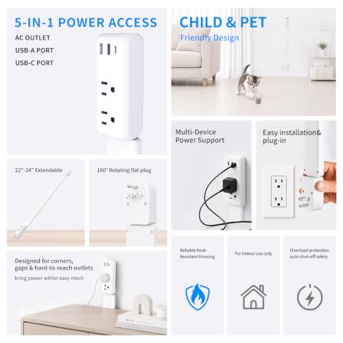 Electrical Outlet Extender Stick,Extends 22"-34" with USB C,USB A & 2 AC Outlets,180° Rotating Vertical Wall Plug Extension Outlet for Hard to Reach Spaces Behind Sofa,Dorm Bed,Nightstands and More.