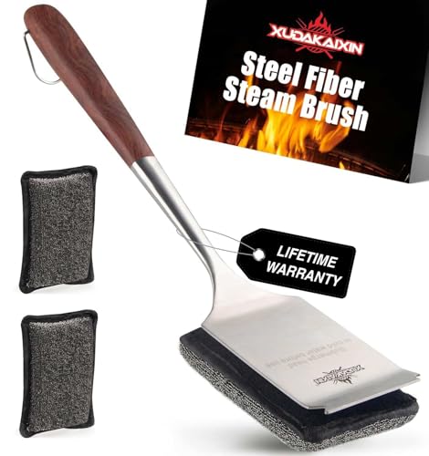 Bristle-Free Steam Cleaning Grill Brush Kit – Luxurious Long Rosewood Handle, Includes 1 Replacement Head – Safe BBQ Grill Cleaning for Outdoor Grill – Great Gift for Men/Dad - color: Steel Fibers Steam Brush