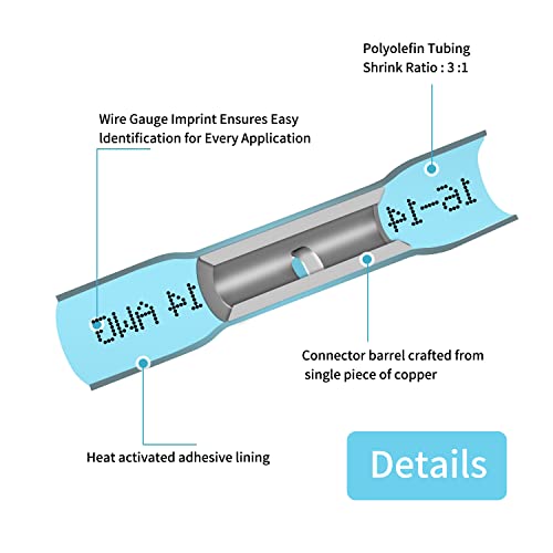 16-14 AWG Heat Shrink Butt Connectors - 100Pcs Blue Insulated Waterproof Electrical Marine Automotive Wire Splice Connector Crimp Wiring Terminals - size: AWG 16-14