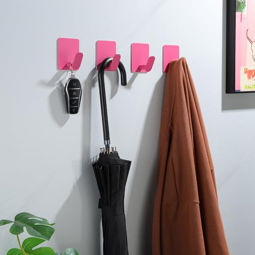 DELITON 4 Pack Hooks for Wall - Cute Kids Wall Hook Adhesive Coat Robe Towel Hooks for Bathrooms Kitchen Heavy Duty Stainless Steel, Pink - color: Pink