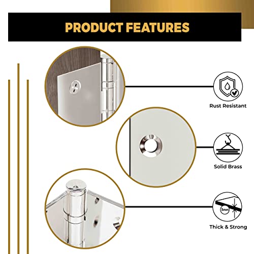 Solid Brass Door Hinge Heavy Duty Ball Bearing Shiny Silver 4x4 Inch - Set of 2 Hinges (Polished Nickel) - color: Polished Nickel