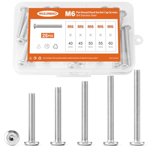 M6 x 40mm 45mm 50mm 55mm 60mm Flat Round Head Hex Socket Cap Screws Bolts, Furniture Screws, 304 Stainless Steel, Metric Fully Threaded, Allen Hex Drive, Bright Finish, Assortment Kit 25PCS - size: M6 x 40/45/50/55/60mm (25PCS)