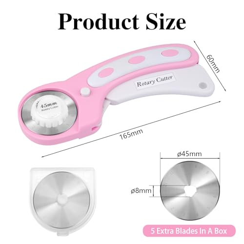 45mm Rotary Cutter for Fabric with 5 Extra Blades, Roller, with Safety Lock - color: Pink