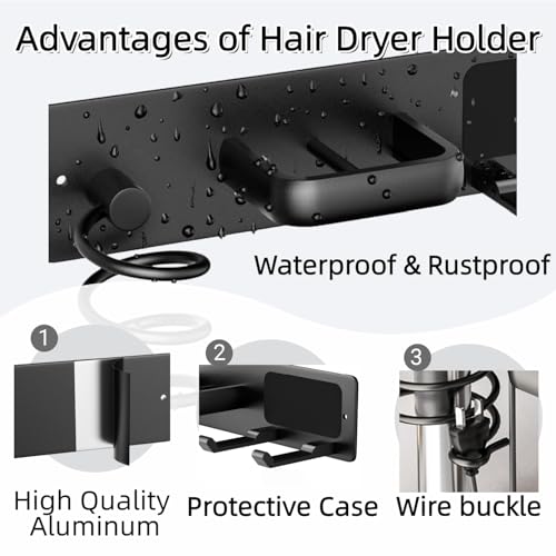 Hair Dryer Holder Wall Mounted Blow Dryer Holder Curling Iron Holder Straightener Holder 3 in 1 Bathroom Metal Hair Tool Organizer Rack（Matte Black） - color: Black