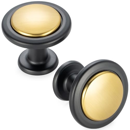 KOOFIZO 10 Pack Gold & Black Cabinet Knobs Round Single Hole Pulls 1960s - color: Brushed Gold + Black, size: Knob 1 - 10Pcs, style: Round