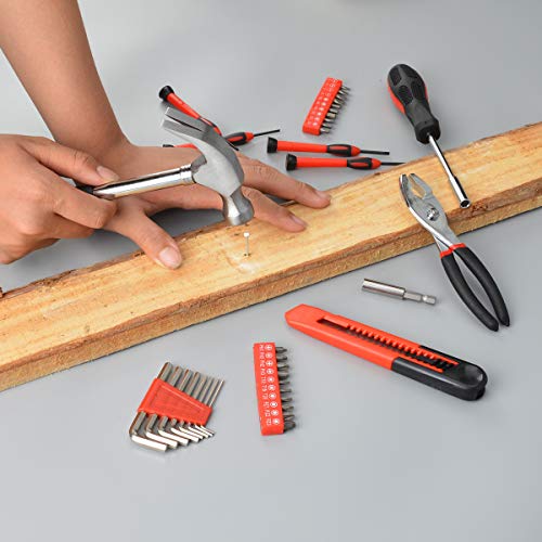 39-Piece Household Tools Kit - Small Basic Home Tool Set with Plastic Toolbox - Great for College Students, Household Use & More - color: Red