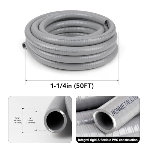 1-1/4(1.25) inch 50ft Liquid-Tight Conduit and Connector Kit,Flexible Non-Metallic Liquid Tight Electrical Conduit Kit with 5 Straight and 3 90-Degree Connector Fittings,1in. Dia… - size: 1-1/4inch 50ft