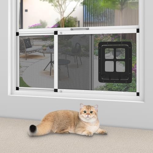Ventilated Pet Door for Window, Fits 32"-38" Width Window, 2-Min Install | Aluminum Frame + Stainless Steel Mesh | Breathable Bug-Proof | Magnetic Closure Window Cat Door, Cat Door for Window Insert - size: Fit Window: 32''-38''