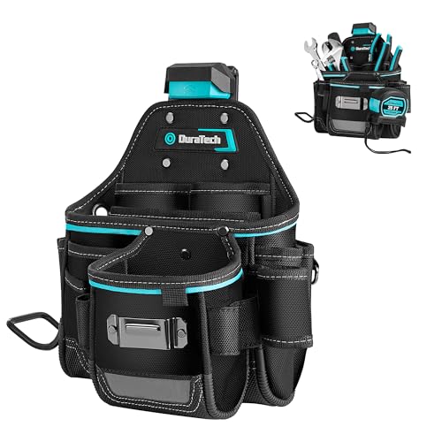 DuraTech Tool Pouch with Belt Clip, Electrician Tool Pouch with Tape Measure Holder & Hammer Loop, Quick Release Buckle, Expandable Support Frame, Ideal for Construction, Carpentry and Handyman Use - style: Large