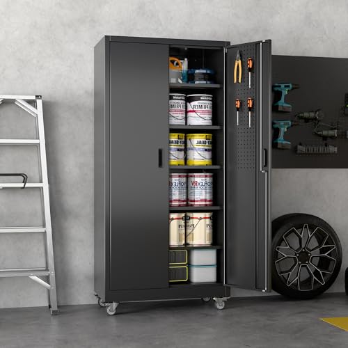 Aobabo Metal Garage Storage Cabinet with Wheels, 71" H, Black - color: Black, size: 18"D x 34"W x 71"H-0 Drawers